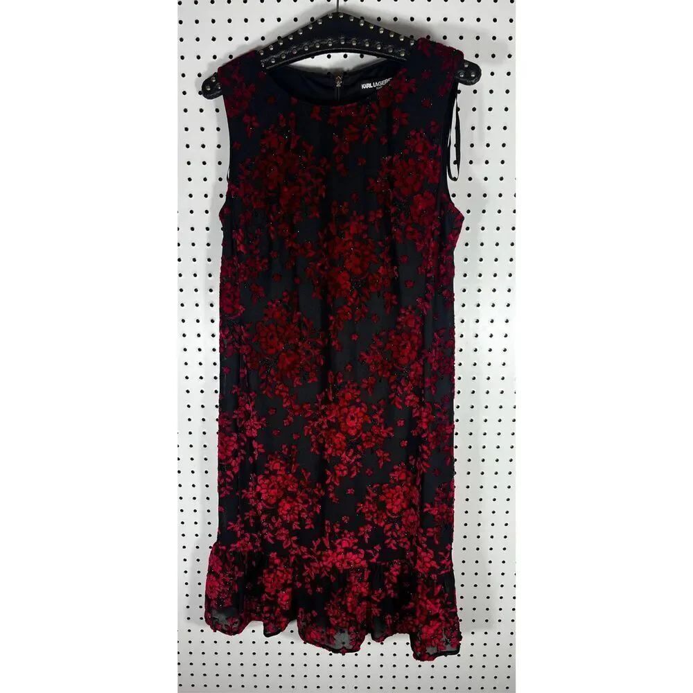 Karl Lagerfeld red velvet floral cocktail dress size 10